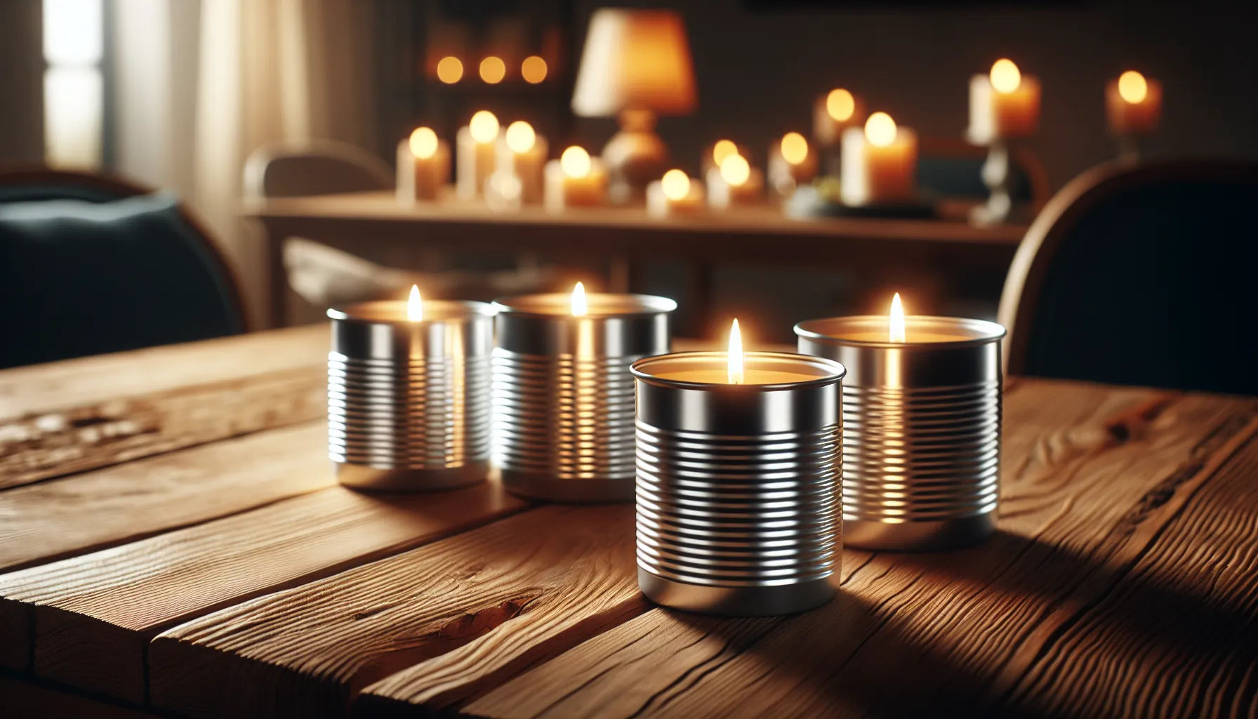 Scena di candele vegetali in alluminio su un tavolo di legno, atmosfera calda e naturale