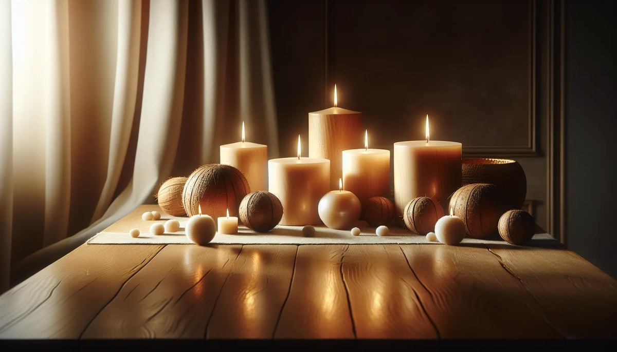 Scena di candele in cera di cocco su un tavolo di legno, con luce calda e naturale.