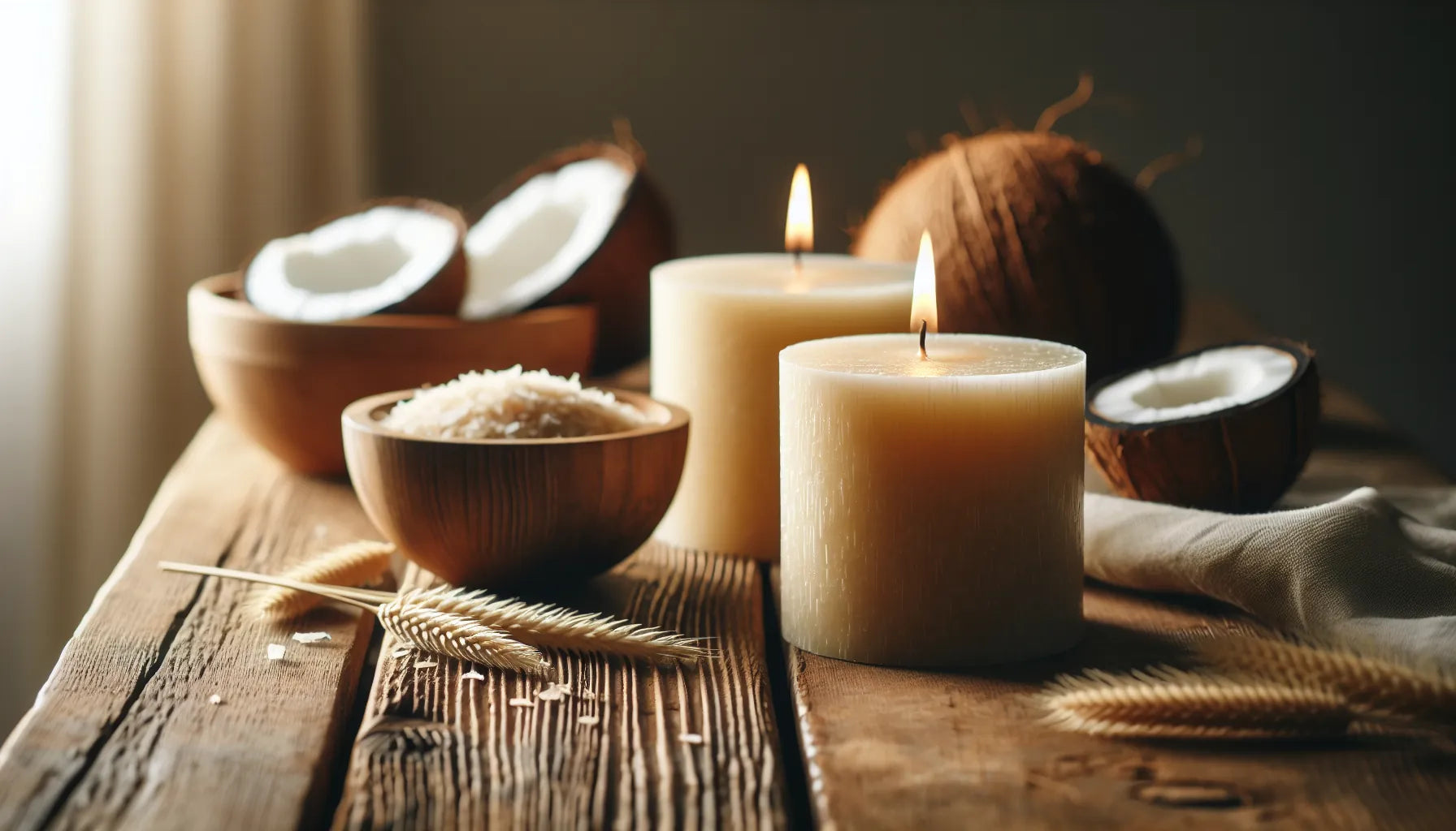 Scena di candele vegetali in cera di cocco e colza su un tavolo di legno naturale, con luce morbida che crea un'atmosfera calda e accogliente.