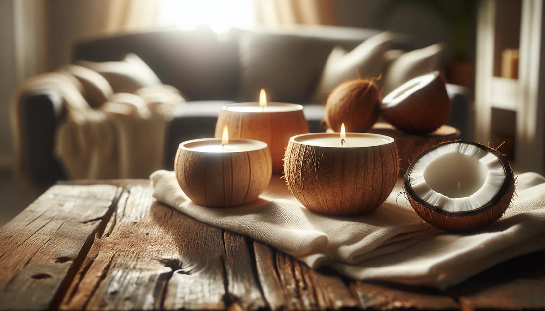 Scena evocativa di candele vegetali in un ambiente di legno naturale, illuminazione calda e accogliente