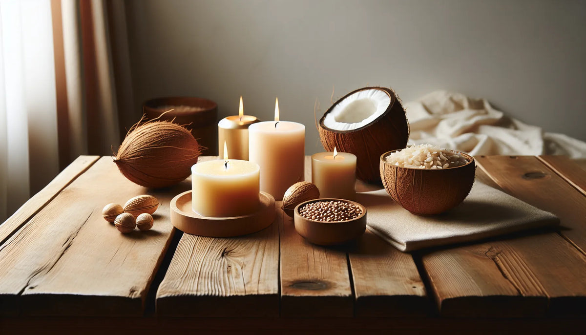Candele in cera vegetale su un tavolo di legno naturale, atmosfera calda e accogliente