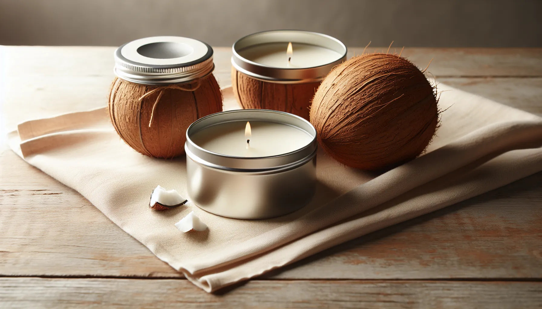 Scena di candele vegetali in cera di cocco e contenitori in alluminio su un tavolo in legno, atmosfera calda e accogliente