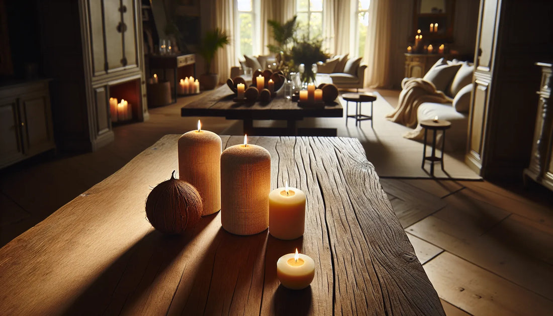 Scena evocativa di candele vegetali su un tavolo di legno con texture naturali