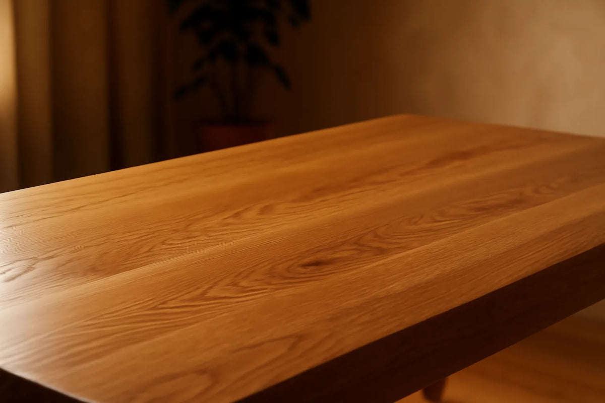 Tavolo in rovere lucido con finitura naturale e texture evidente, ambiente caldo e accogliente