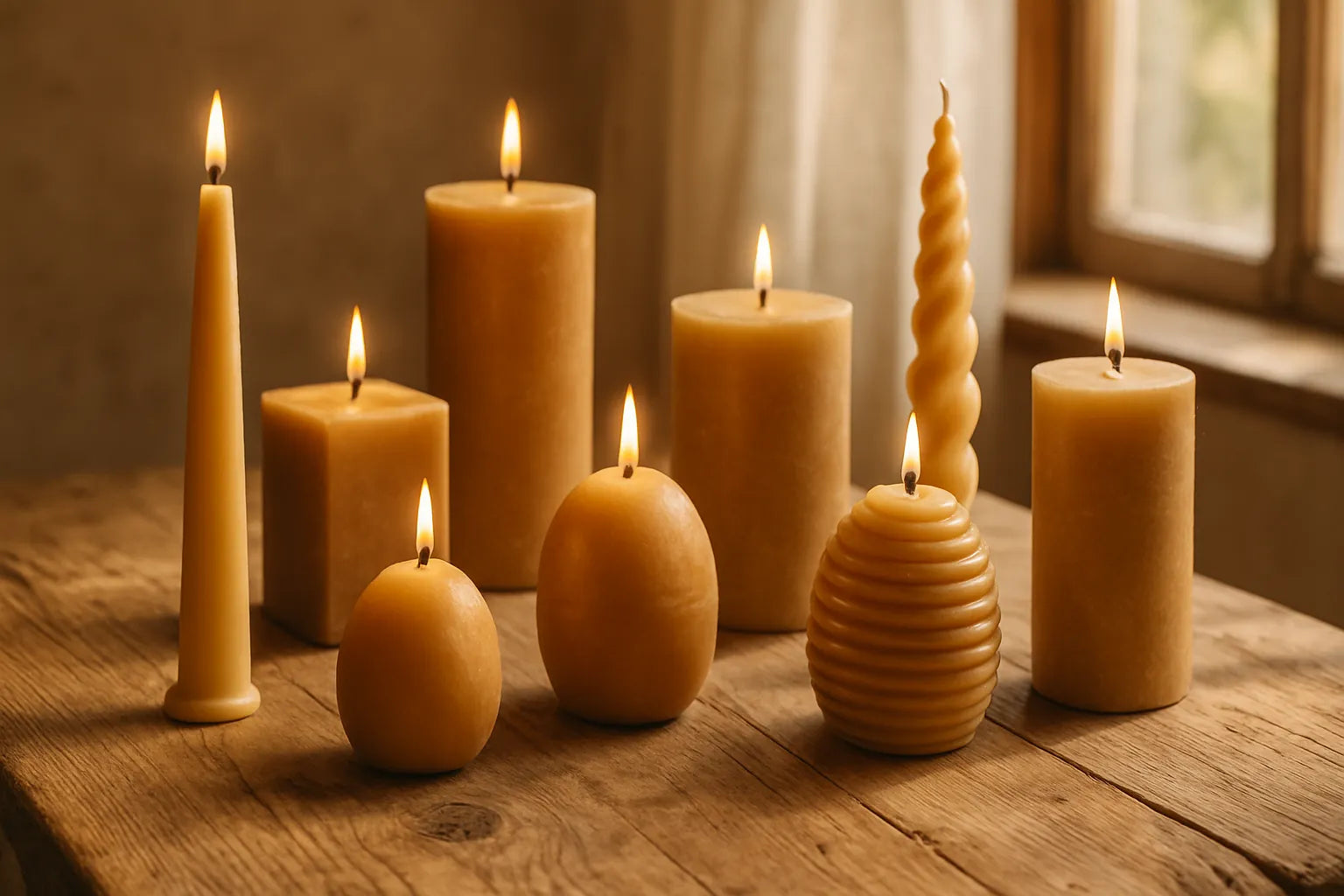 Scena evocativa di candele in cera naturale su un tavolo di legno, con texture calde e atmosfera accogliente.
