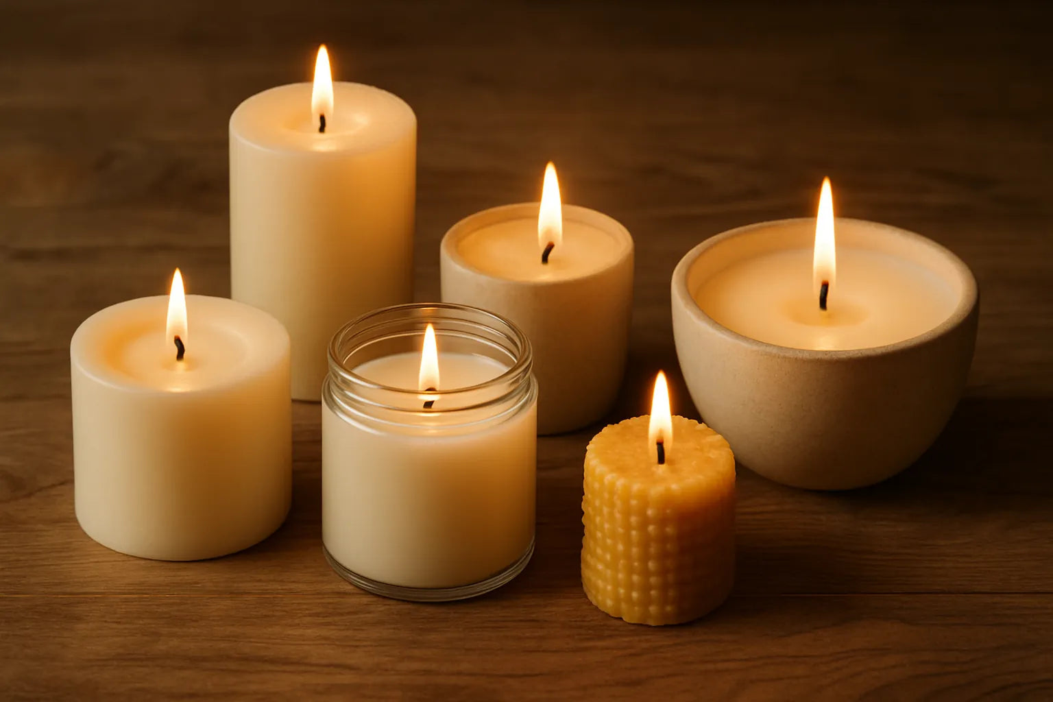 Scena evocativa con candele naturali su un tavolo in legno, luce morbida e atmosfera calda