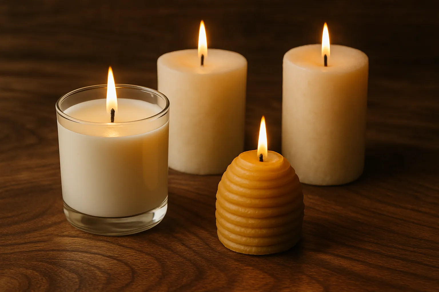 Scena evocativa di candele in cera naturale su una superficie di legno, con texture calde e luce morbida.