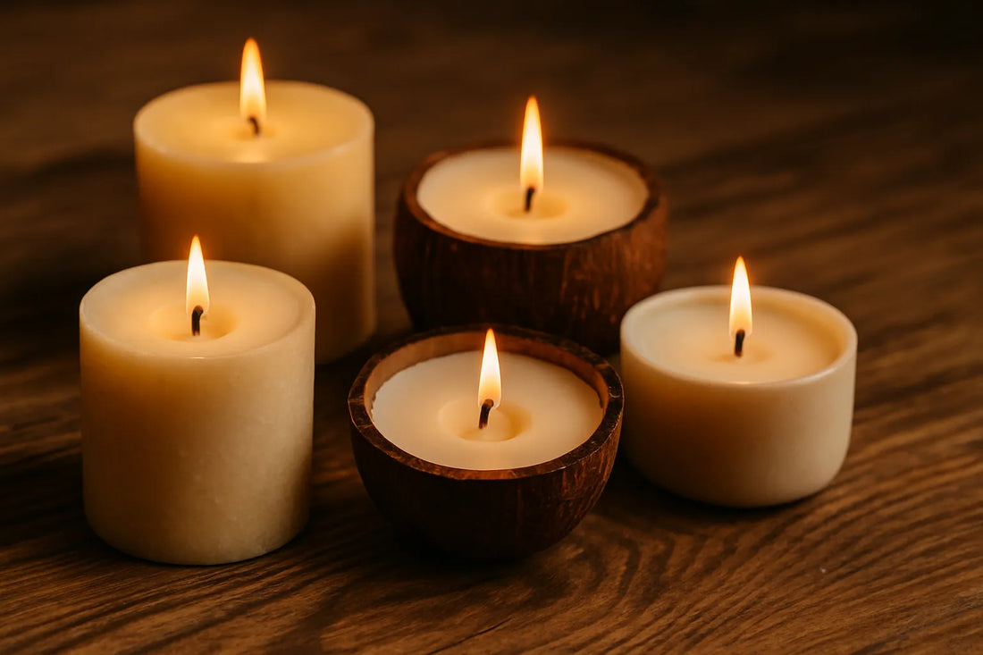 Scena evocativa di candele naturali in un ambiente caldo e accogliente, con superfici in legno e texture materiche.