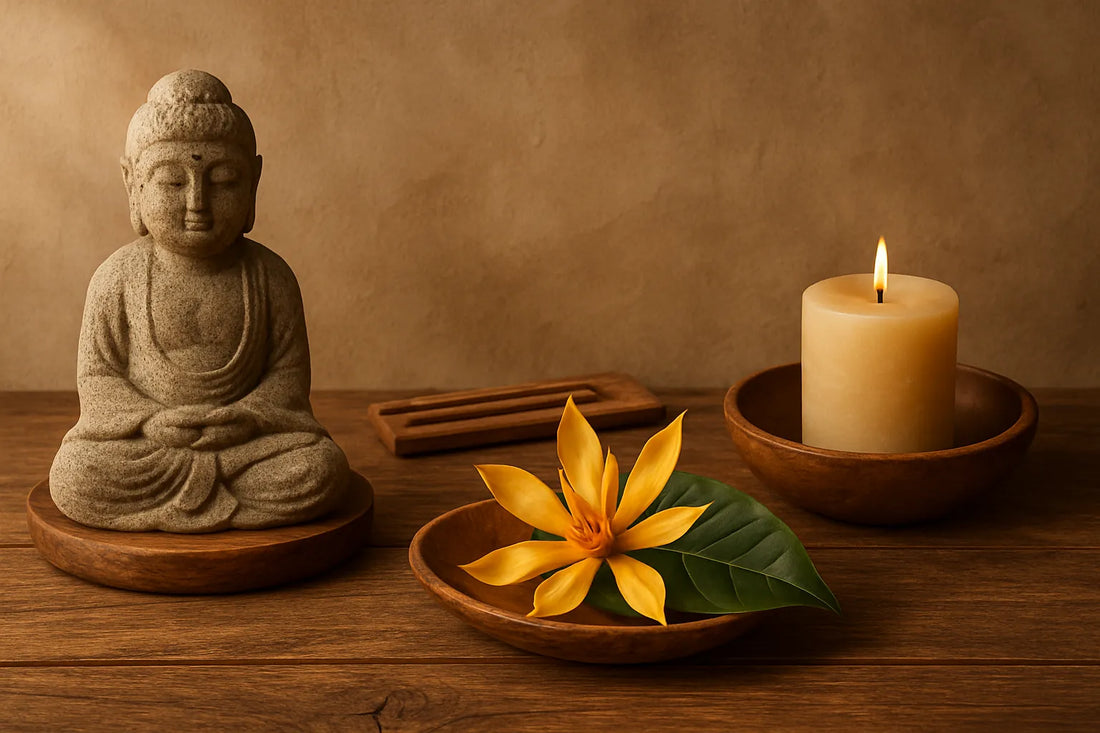 Scena evocativa con champaca, legno e atmosfera meditativa