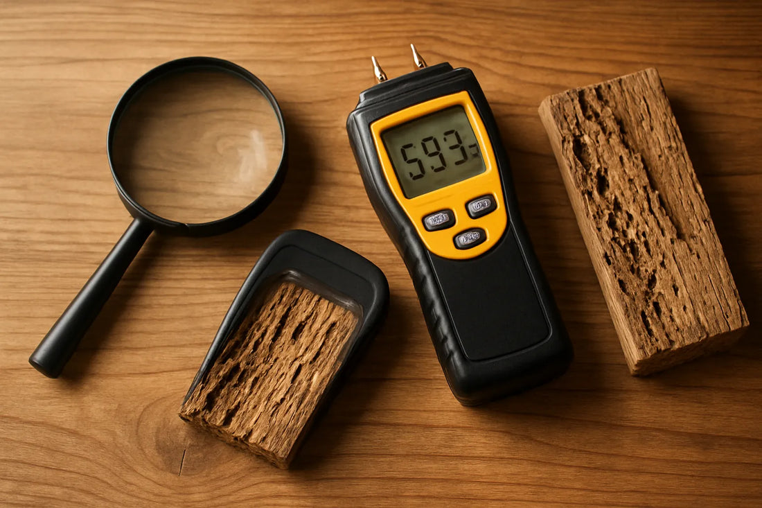 Immagine che mostra una superficie di legno con segni di danneggiamento e strumenti per la diagnosi.