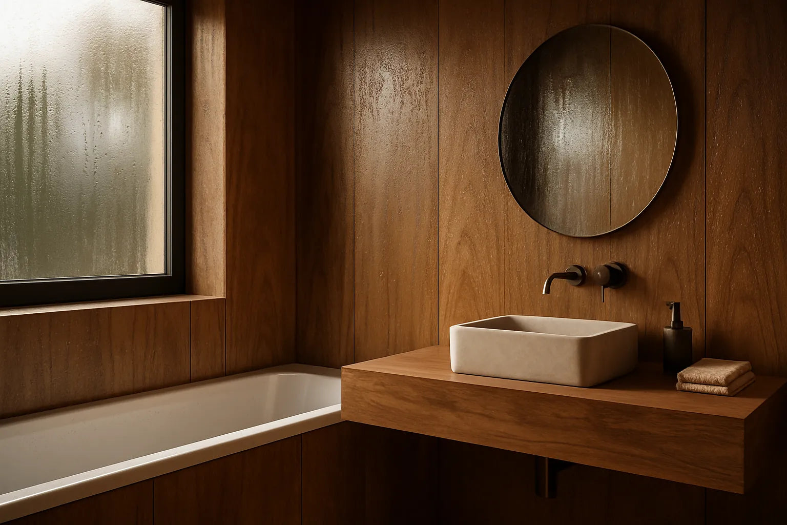 Scena che mostra legno in un bagno con umidità, evidenziando segni di condensa e soluzioni pratiche