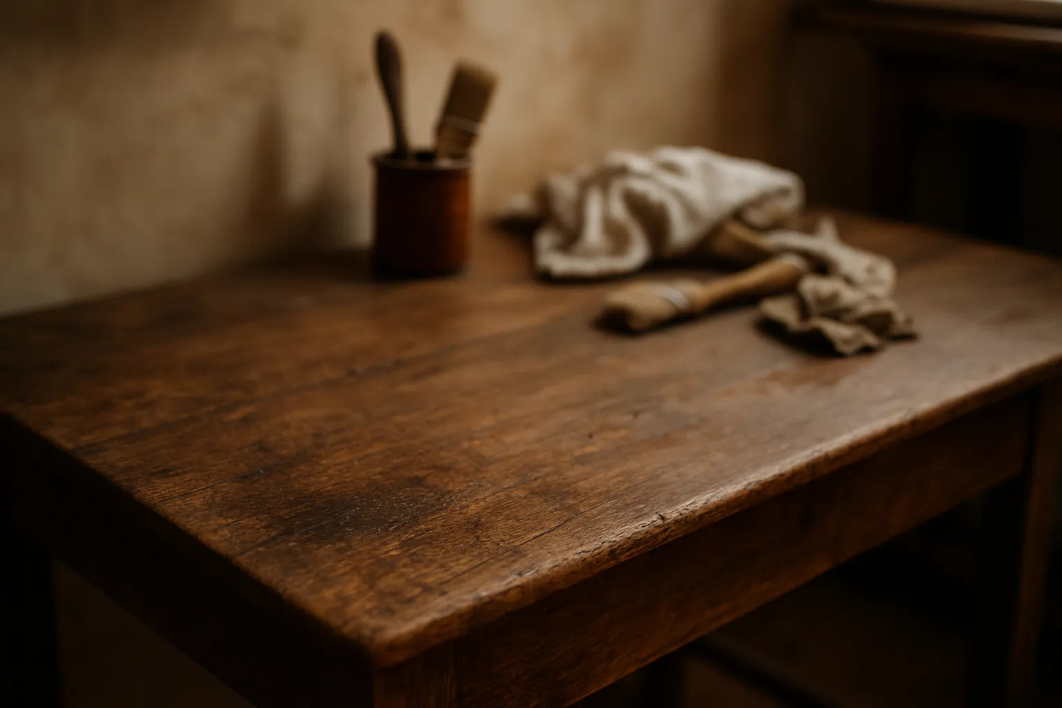 Scena di legno antico con patina, evidenziando texture e venature in un ambiente di restauro