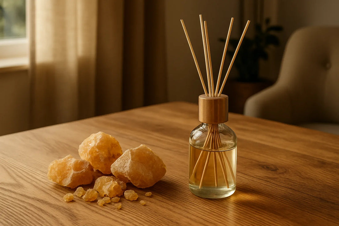 Scena evocativa di copale e legno, con texture naturali e luce morbida