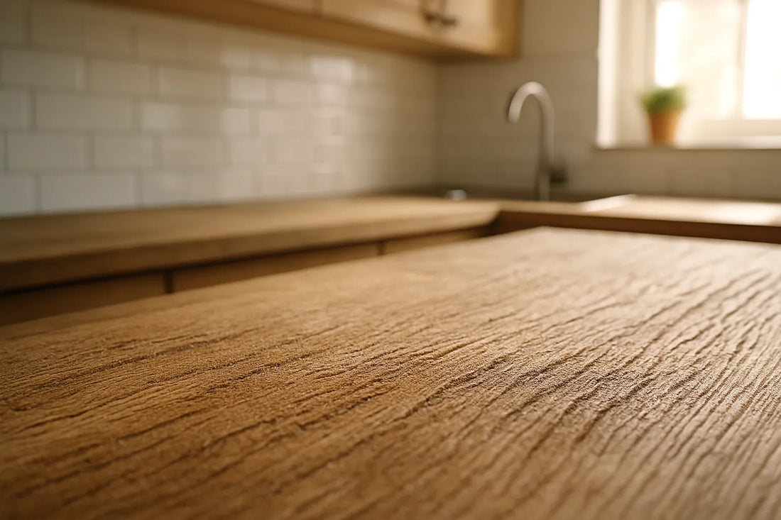 Superficie in legno con fibra sollevata, vista ravvicinata di venature e texture