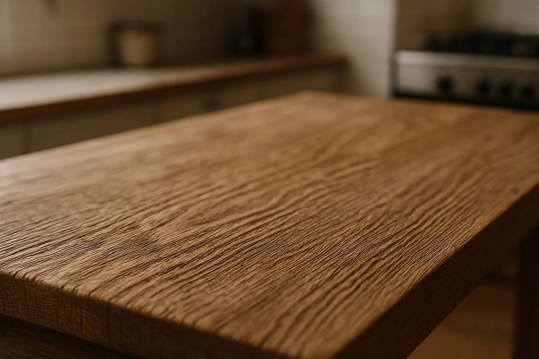 Tavolo in legno con fibra sollevata, evidenziando texture e venature naturali