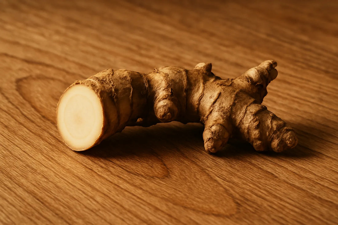 Scena evocativa con radice di Costus su una superficie di legno naturale, luce morbida che mette in risalto le texture.