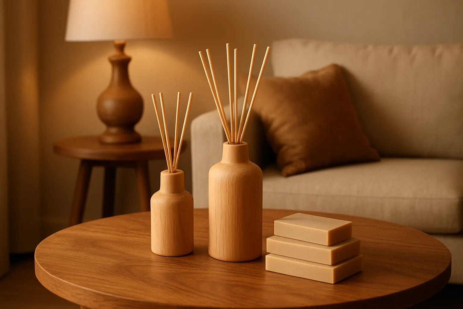 Scena di un ambiente domestico con diffusori naturali in legno e barrette profumate su un tavolo di legno, luce morbida che illumina le texture.