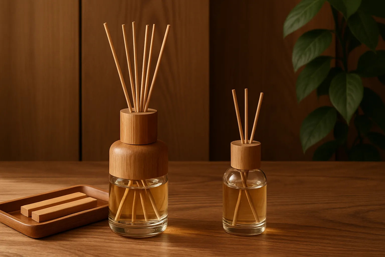 Ambientazione naturale con diffusori e barrette profumate in legno, rappresentazione di una firma olfattiva per la casa