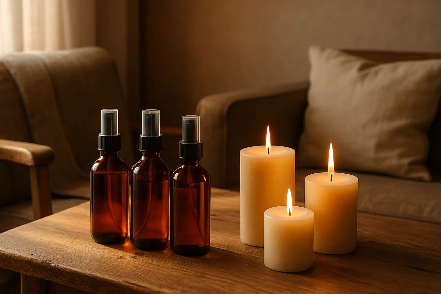 Scena evocativa di profumi di casa con candele e spray naturali su un tavolo di legno