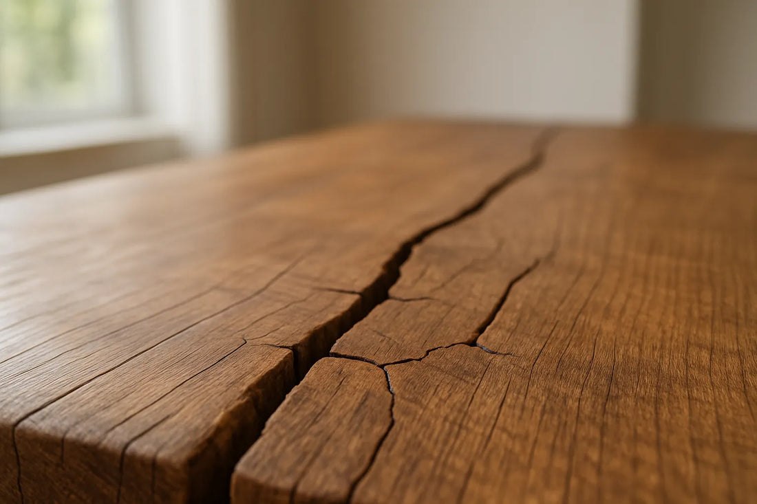 Immagine di legno massello con crepe profonde, evidenziando texture e venature