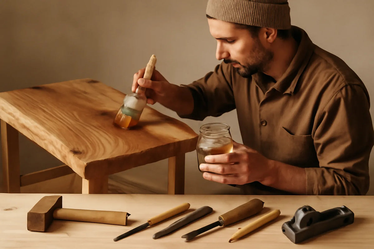 Scena di lavoro artigianale con legno, resine naturali e strumenti per il restauro