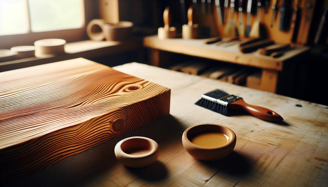 Scena di lavoro artigianale con legno di cedro e gommalacca, evidenziando le venature e la finitura naturale
