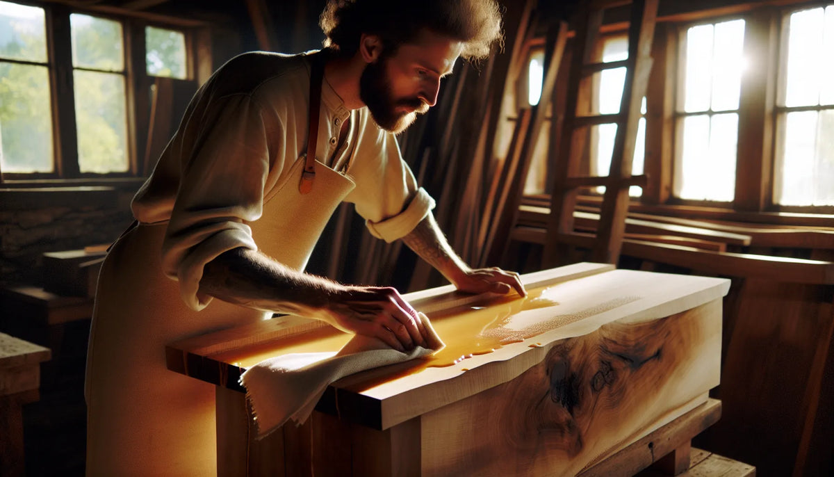 Scena di applicazione della cera d'api su un mobile in legno, evidenziando la texture e la venatura del legno