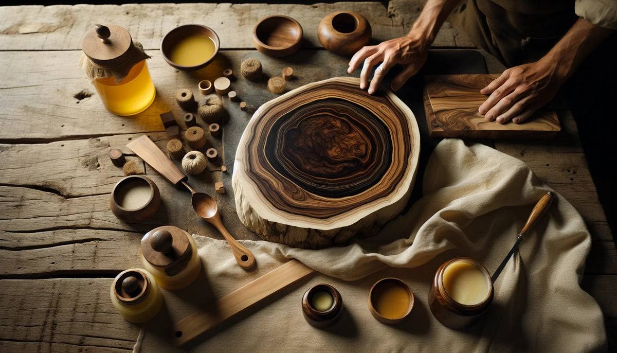 Scena di lavoro artigianale su un tavolo di legno con ebano, cera d'api e oli vegetali.
