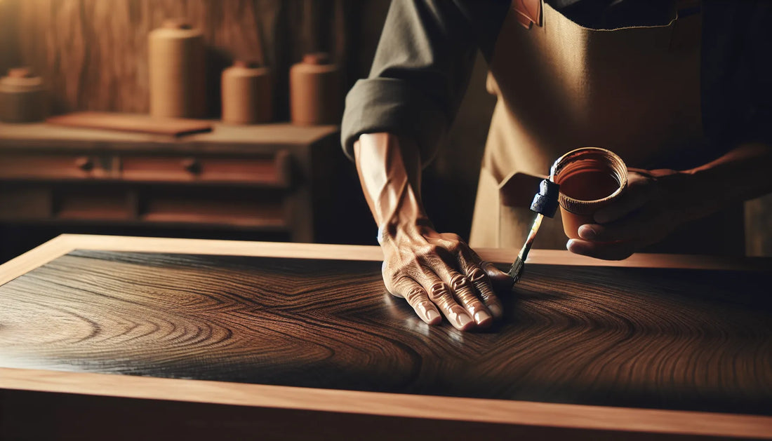 Scena di cura dell'ebano con oli naturali, mostrando venature e texture del legno