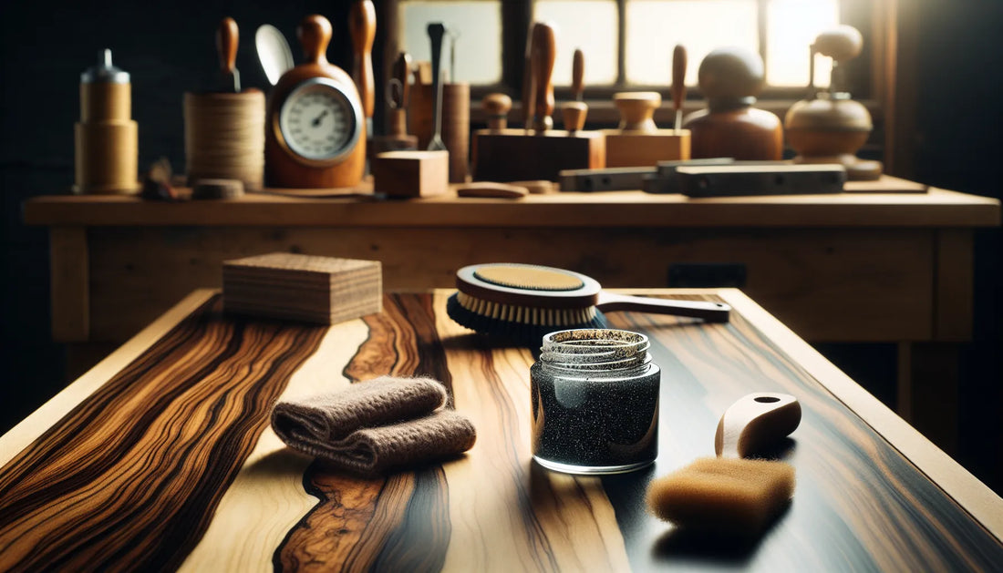 Scena di cura del legno di ebano con cera naturale e strumenti di manutenzione