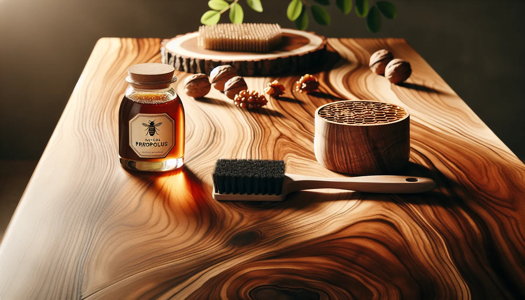 Scena di legno di noce trattato con propoli, evidenziando venature e texture naturali in un ambiente luminoso e accogliente.