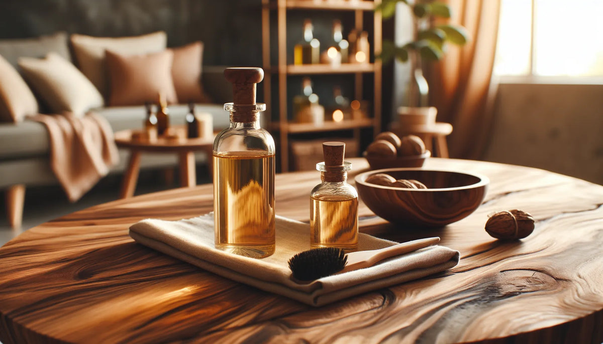 Scena di legno di noce con texture e venature, oli naturali in uso