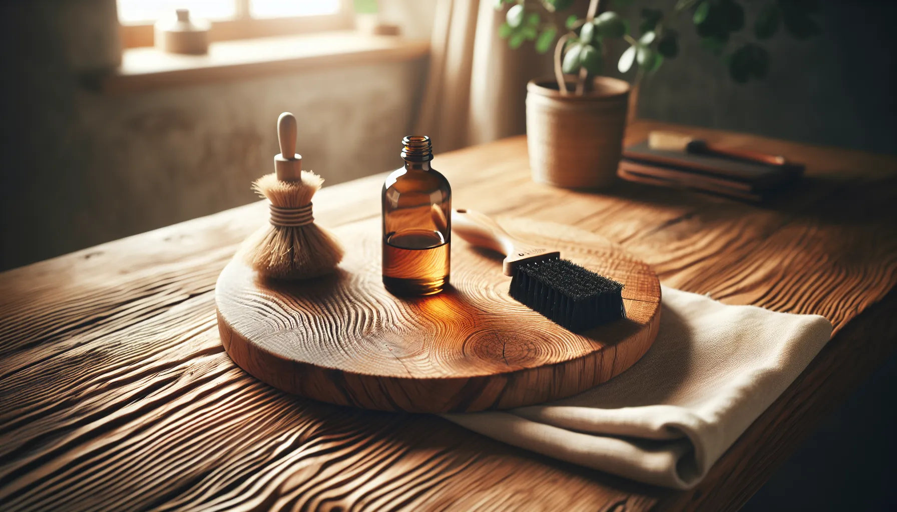 Scena di cura del legno di quercia con oli naturali, evidenziando venature e texture
