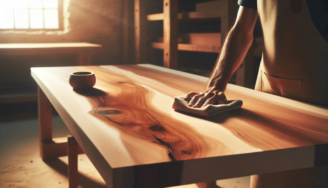 Scena di cura e manutenzione del legno di faggio con cera naturale, evidenziando texture e venature.