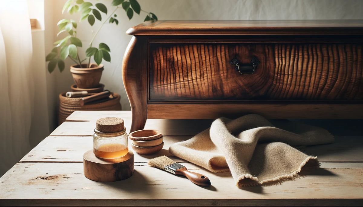 Immagine che rappresenta il restauro del legno di noce antico con tecniche naturali, mostrando venature e finiture materiche.