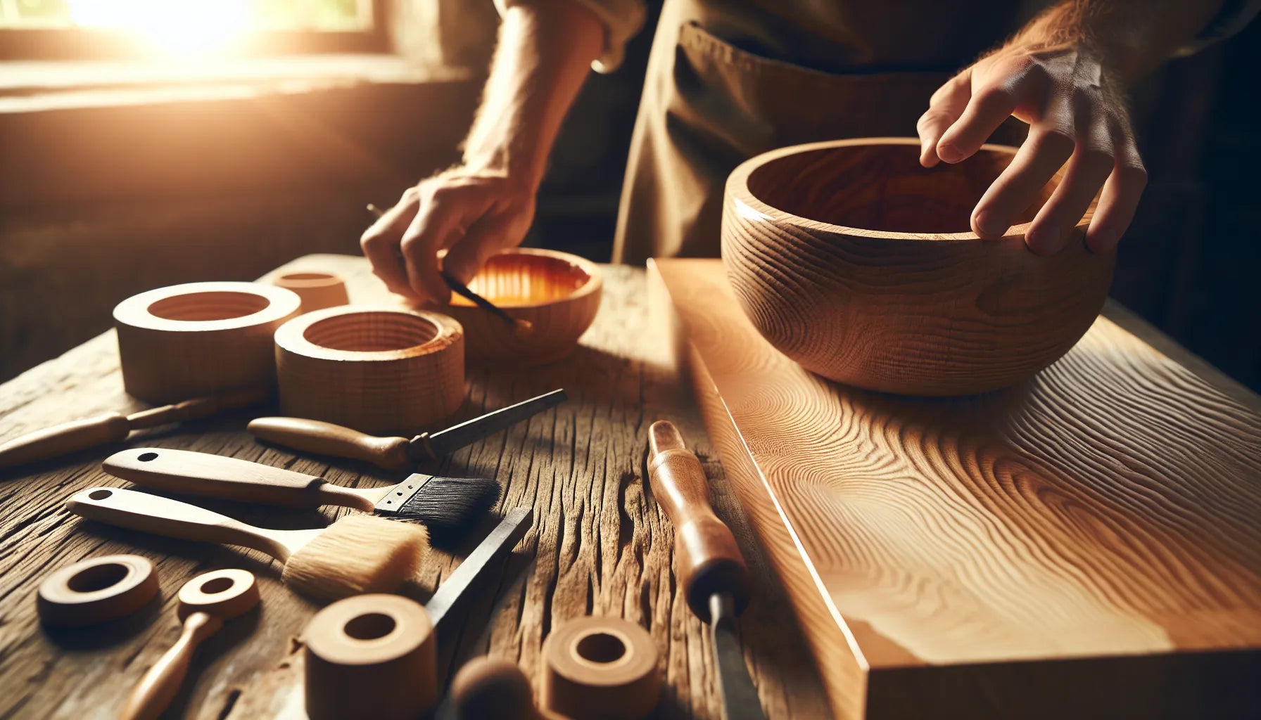 Scena di lavoro artigianale su legno di rovere con gommalacca, evidenziando venature e texture naturali