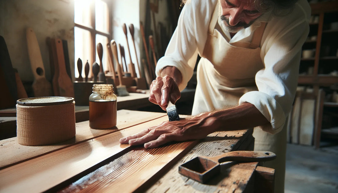 Scena di cura di un mobile antico con oli naturali, mostrando venature del legno e materiali naturali.