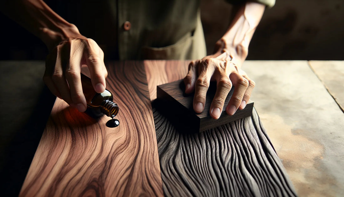 Scena di applicazione dell'olio di neem su una superficie di ebano, evidenziando la texture e le venature del legno.