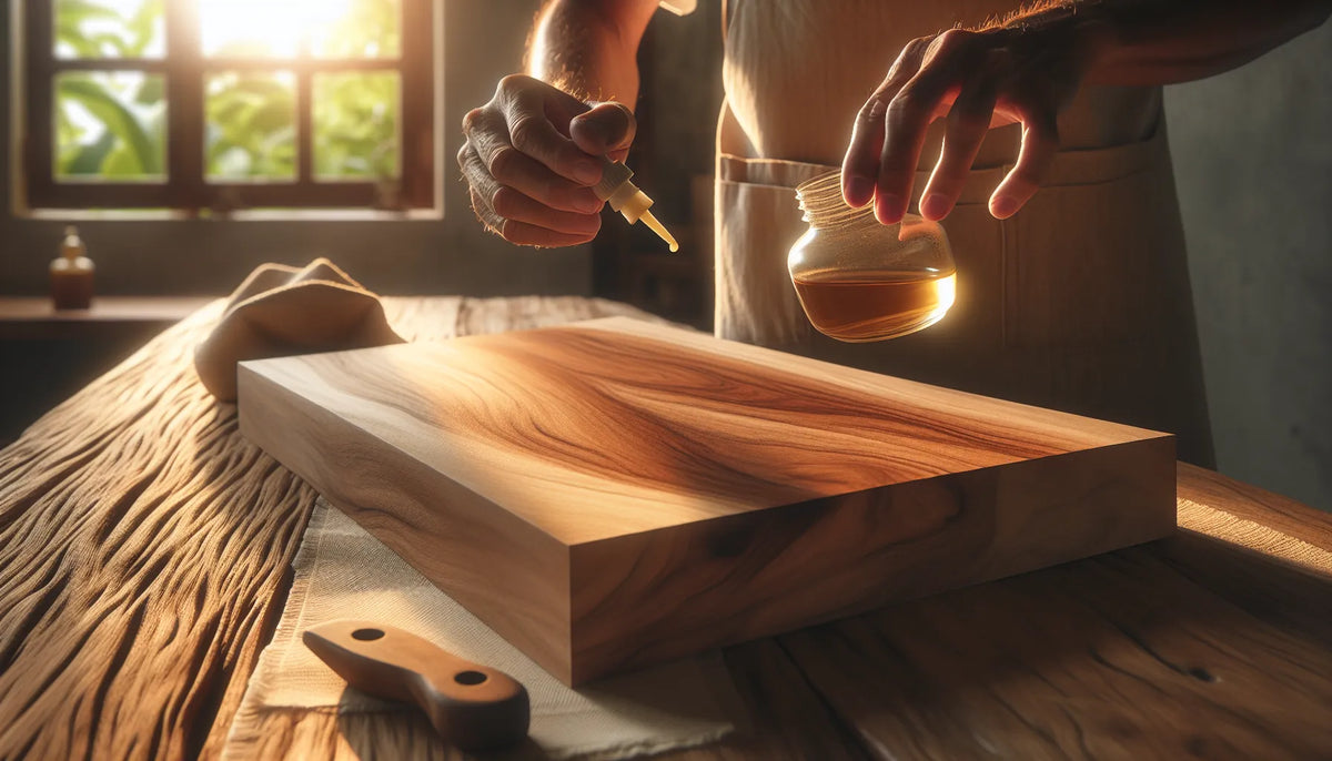 Scena di applicazione di oli e cere naturali su legno di teak, con texture visibili e luce morbida