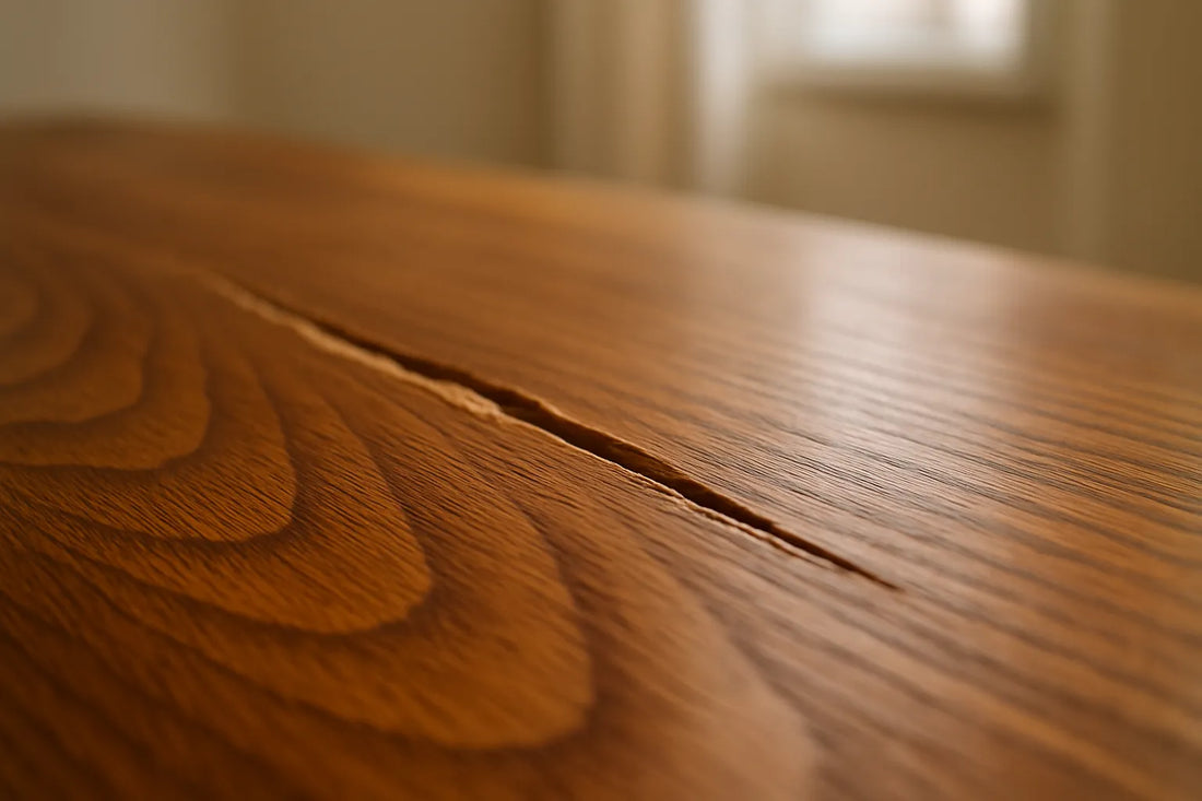 Primo piano su un graffio profondo su legno massello verniciato con texture visibile