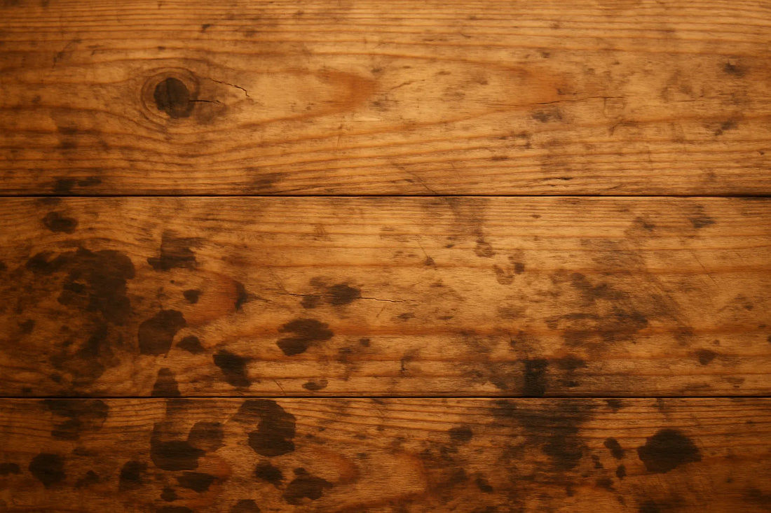 Scena di legno grezzo con macchie di unto visibili, evidenziando texture e venature