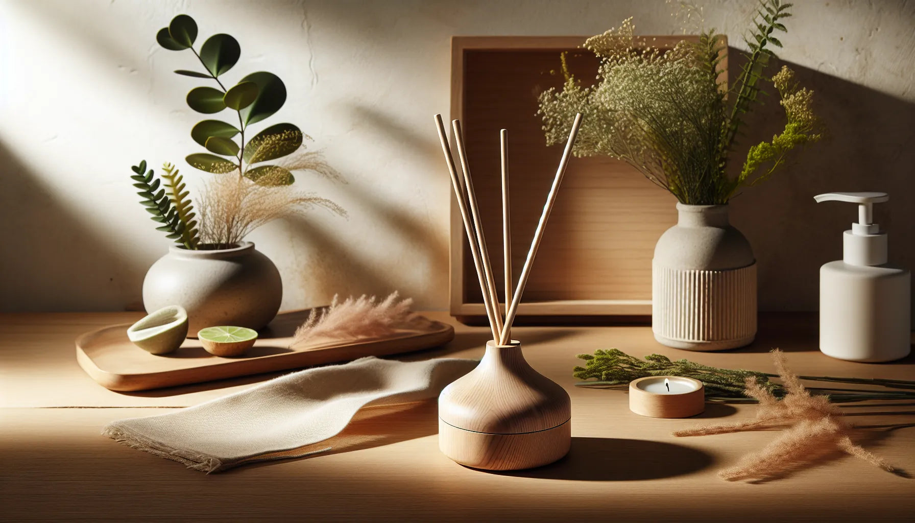 Un diffusore a bastoncino elegante in un ambiente naturale, con legno e fragranze eco.