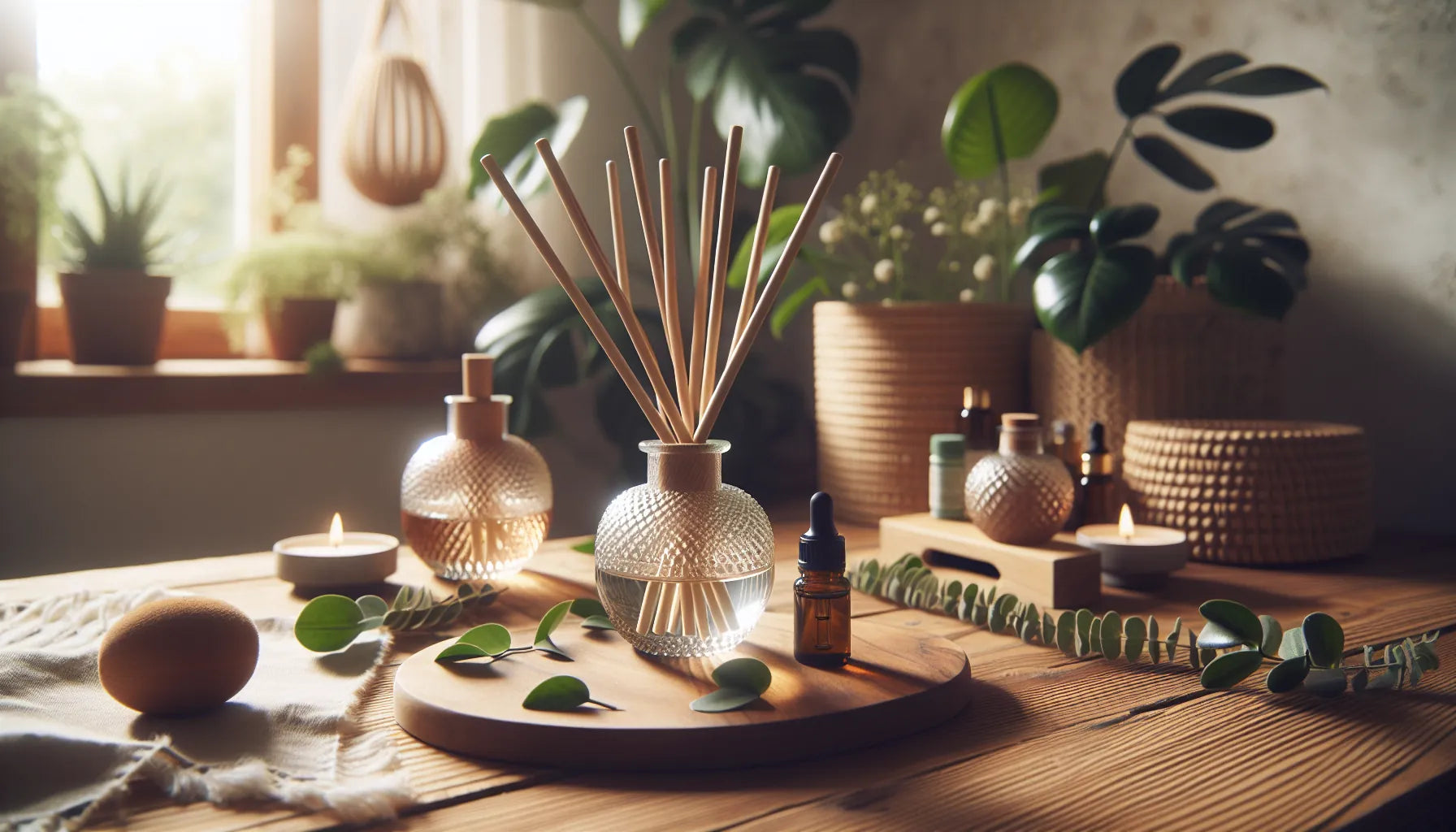 Diffusori a bastoncino in un ambiente naturale e accogliente, con legno e texture autentiche