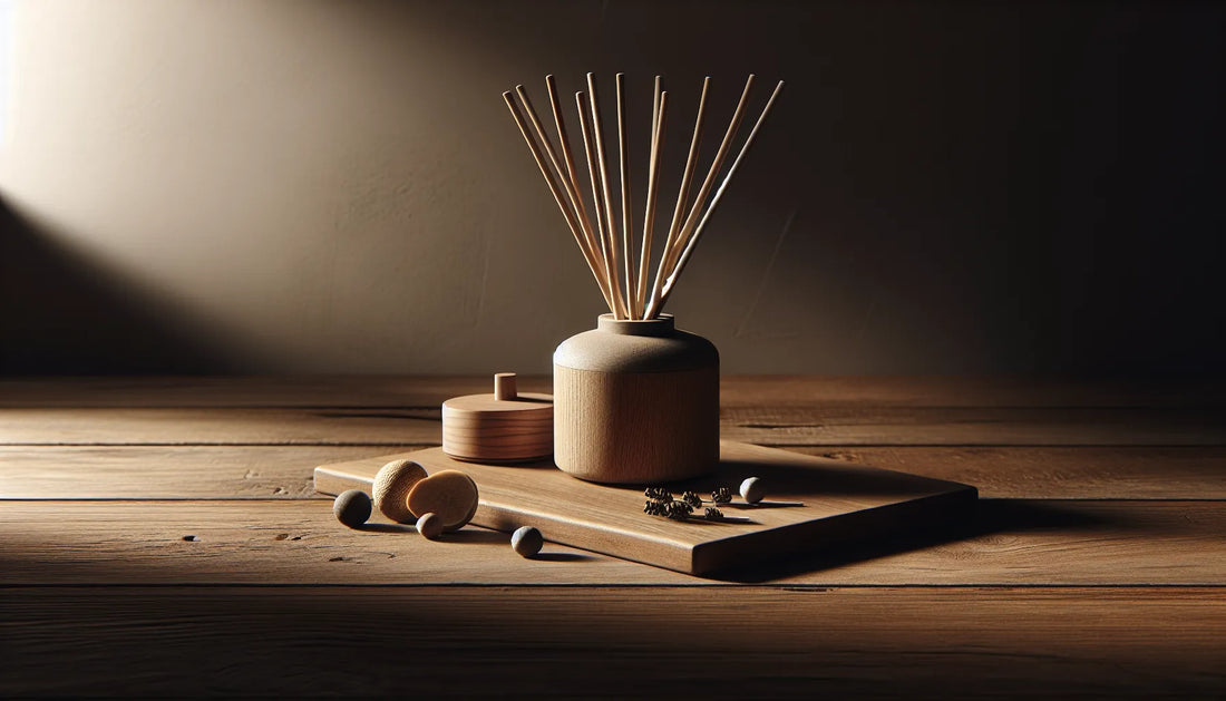 Scena evocativa di diffusori a bastoncino su un tavolo in legno naturale, con luce morbida che mette in risalto le texture e l'atmosfera accogliente.