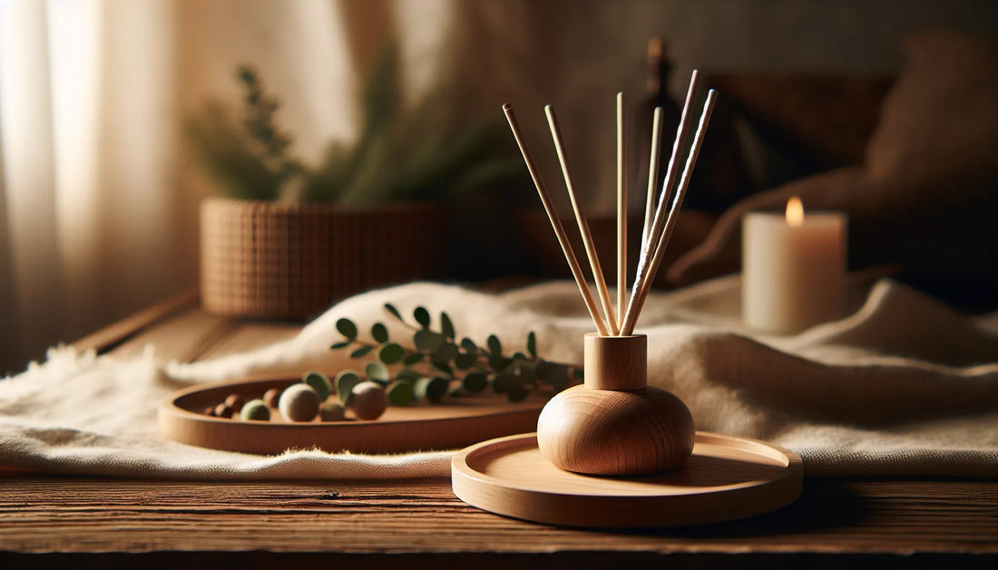 Un diffusore a bastoncino elegante in legno su una superficie naturale, con fragranze naturali in un ambiente accogliente.