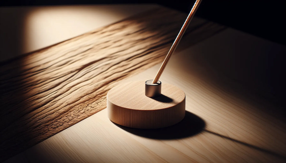 Scena di un diffusore a bastoncino su una superficie in legno, con luce morbida e atmosfera naturale