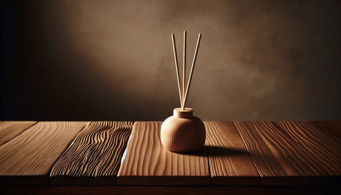 Diffusore a bastoncino in legno con olio essenziale su un tavolo di legno naturale, atmosfera calda e accogliente