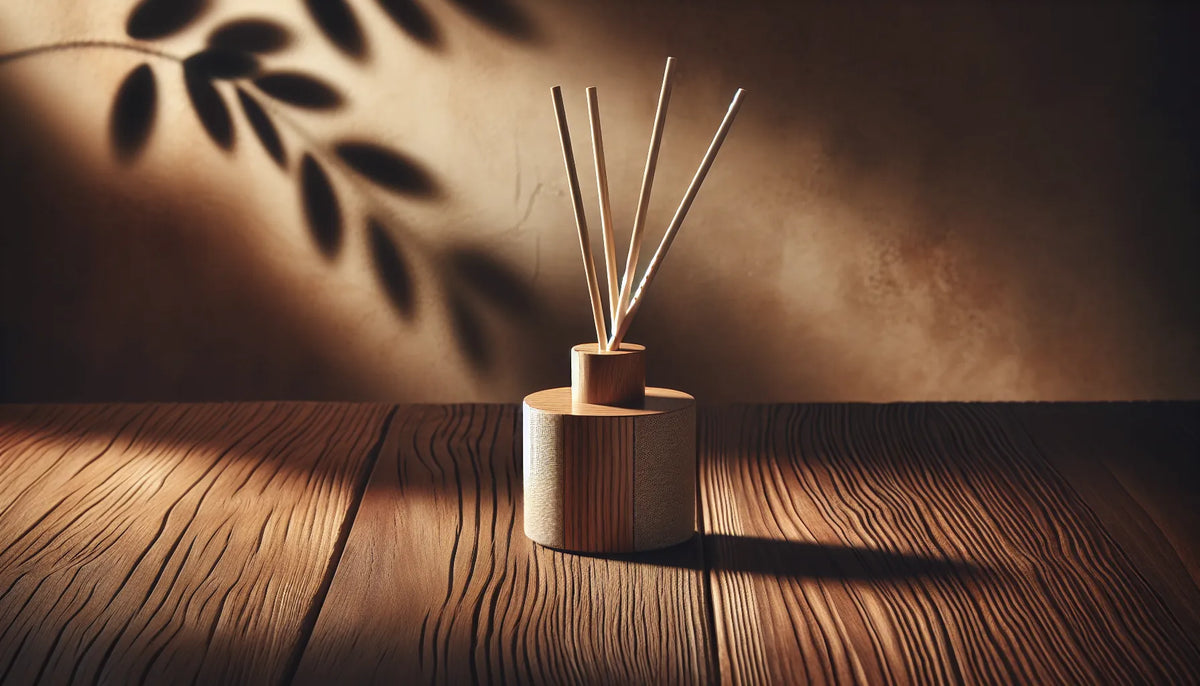 Un diffusore a bastoncino in legno su un tavolo di legno con luce morbida che crea un'atmosfera accogliente