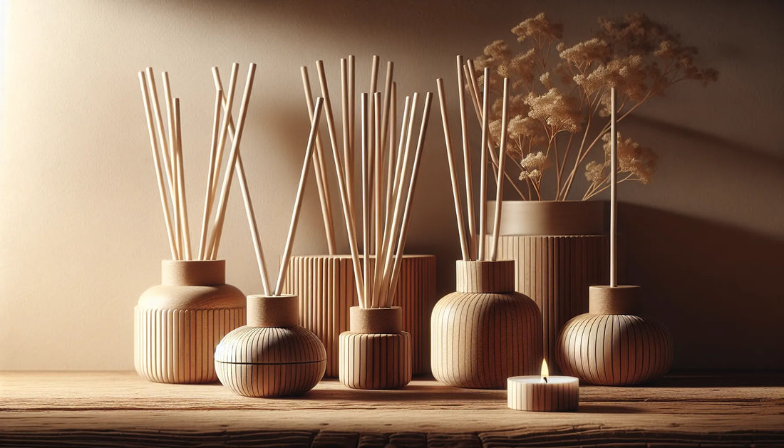 Diffusori a bastoncino in un ambiente naturale e accogliente con dettagli in legno