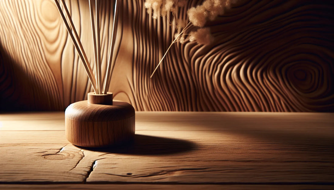 Diffusore a bastoncino in legno su un tavolo di legno naturale, atmosfera calda e accogliente
